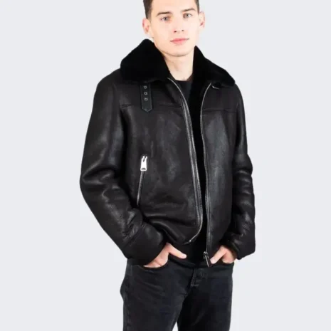 Men LUXURIOUS Jet Black Sheepskin Shearling Leather Jacket