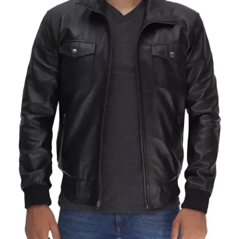 Mens Black Leather Bomber Jacket with Removable Hood