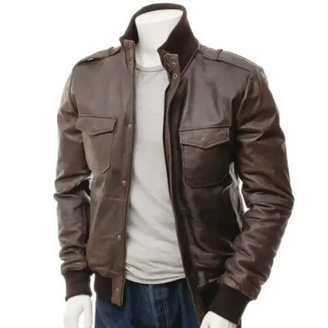 Men’s Bomber Classic Rib Brown Leather Jacket