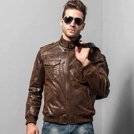 Men’s Brown Bomber Leather Jacket with Rib Collar