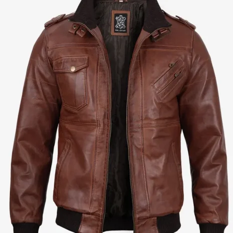 Mens Brown Leather Bomber Jacket With Removable Hood