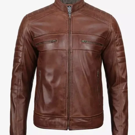 Men's Cognac Cafe Racer Leather Jacket