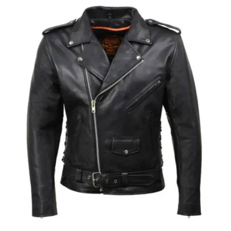 Milwaukee Leather SH1011 Black Classic Brando Motorcycle Jacket for Men Made of Cowhide Leather with Side Lacing