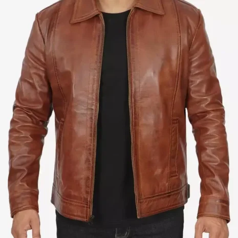 Reeves Men's Brown Shirt Collar Brown Leather Jacket