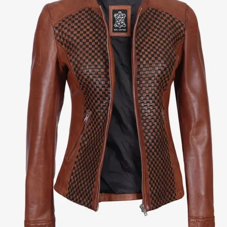 Womens Brown Textured Leather Biker Jacket