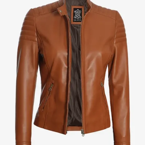 Womens Real Lambskin Leather Tan Biker Jacket