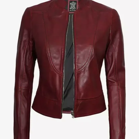 Womens Slim Fit Vegan Leather Maroon Biker Jacket